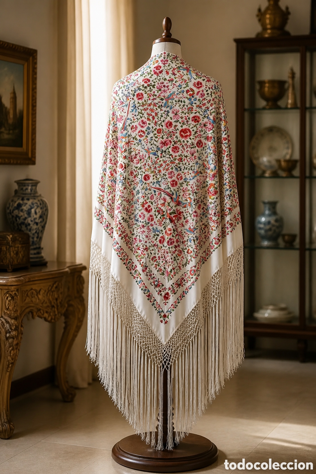 Antig&uuml;edades: PRECIOSO MANT&Oacute;N DE MANILA BORDADO A MANO EN SEDA NATURAL. MEDIDAS SIN FLECOS 134CMx134CM MEDIDAS