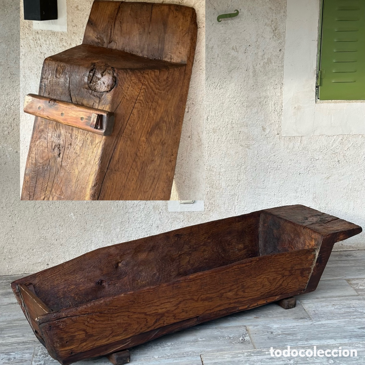 Antig&uuml;edades: Artesa antigua de madera con patas, s.XIX. Macetero jardinera maceta pesebrera abrevadero r&uacute;stico.