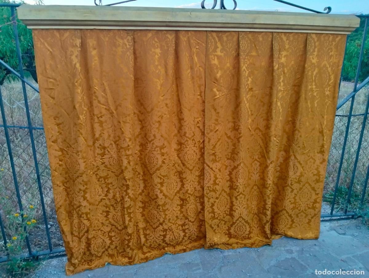 Antiguidades: Antigua cortina cortinero con pan de oro dorado barra madera 2m ancho cortina damasco S.XIX iglesia
