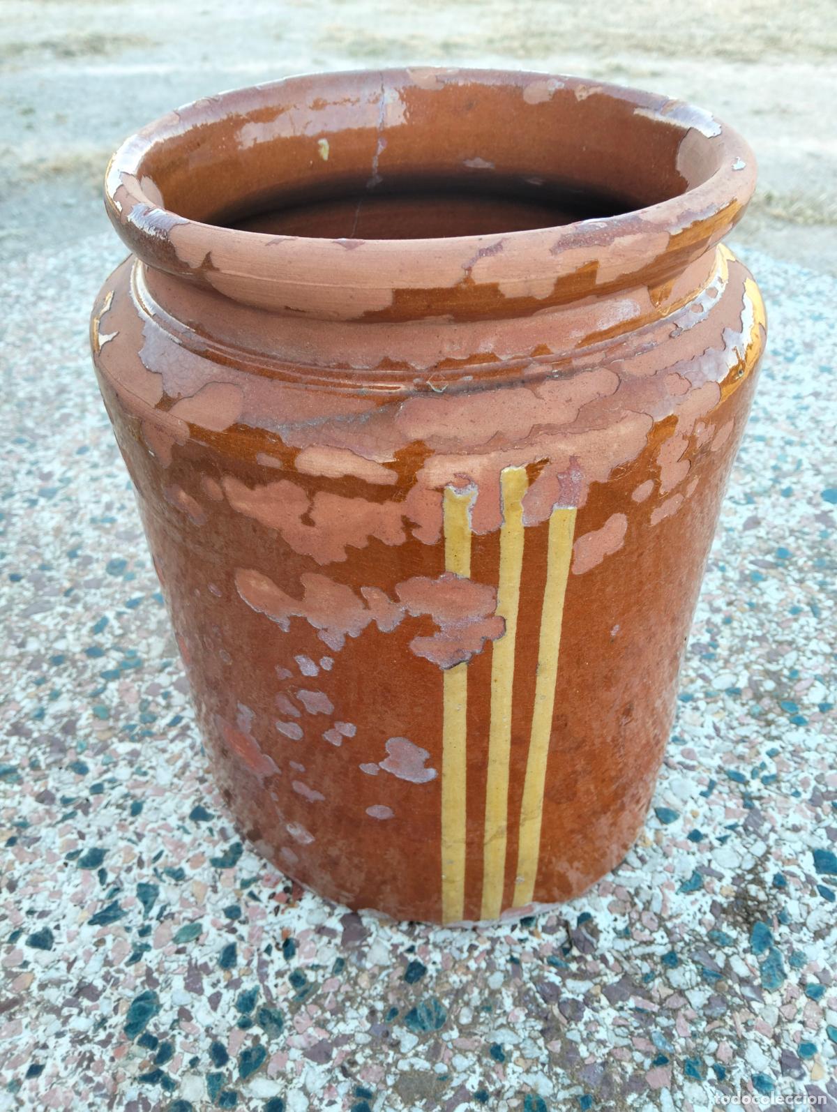 Antiquit&auml;ten: Bote tarro jarra de cer&aacute;mica popular catalana pintada antiguo marr&oacute;n rallas amarillas S.XIX