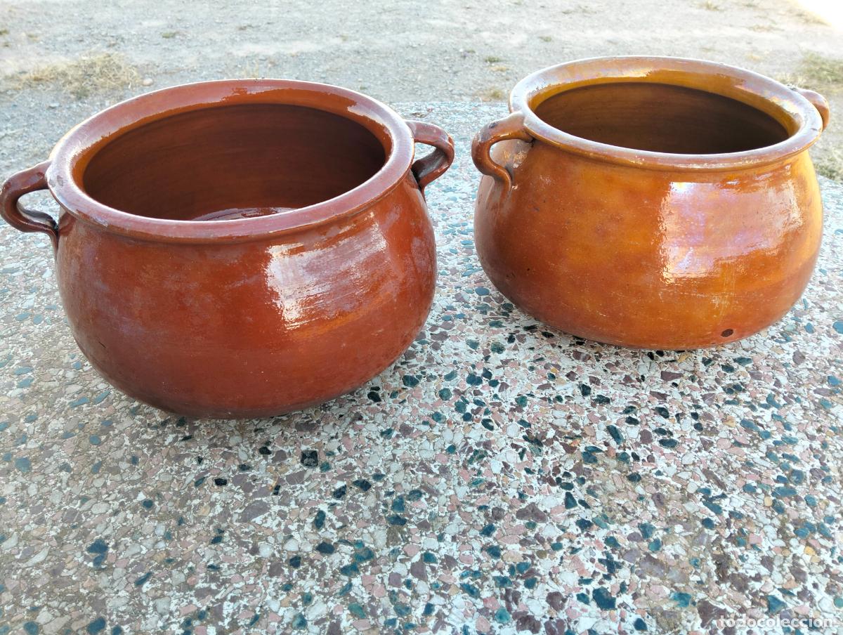 Antiquit&auml;ten: Pareja de ollas pucheros de cer&aacute;mica popular catalana pintada antiguo marr&oacute;n vidriado a&ntilde;os 40