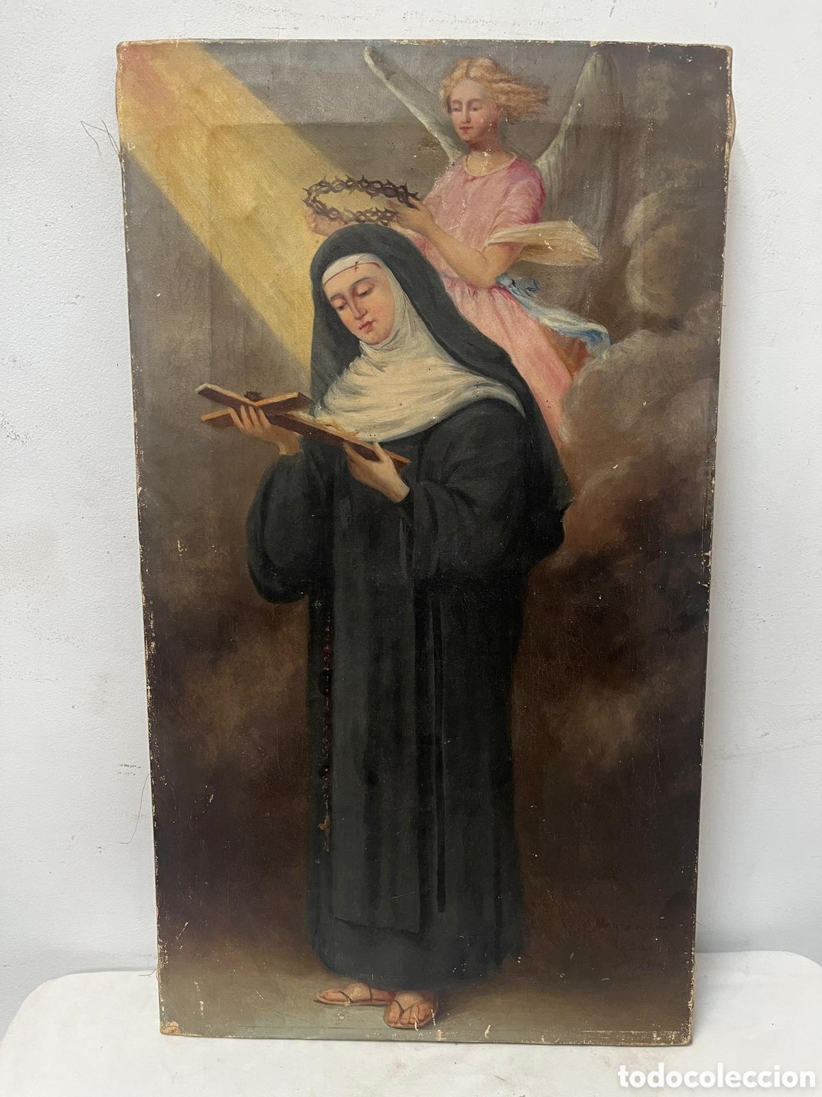 Antig&uuml;edades: &Oacute;leo sobre Lienzo Santa Rita de Casia con &Aacute;ngel y Corona de Espinas (S. XIX)