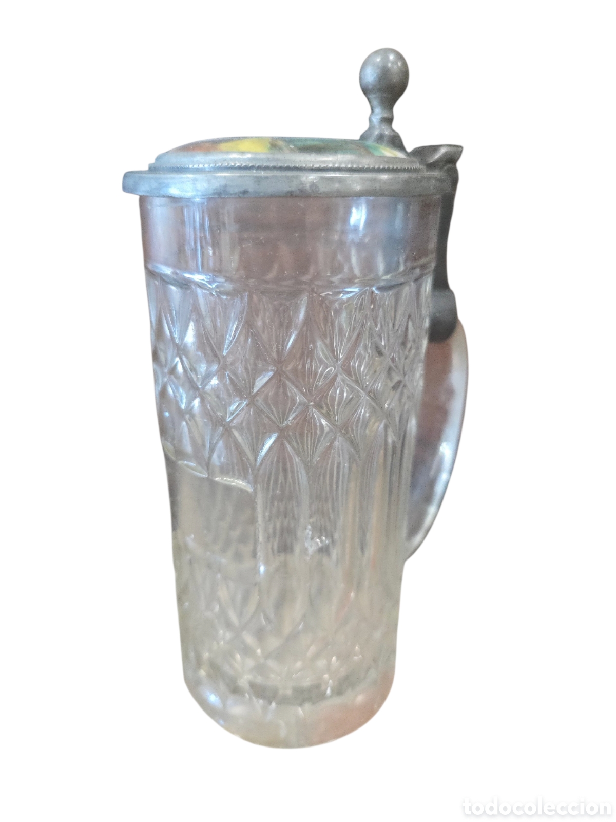 Antig&uuml;edades: Jarra de cerveza alemana de cristal con tapa de esta&ntilde;o y pintura sobre esmalte (Emaillemalerei)