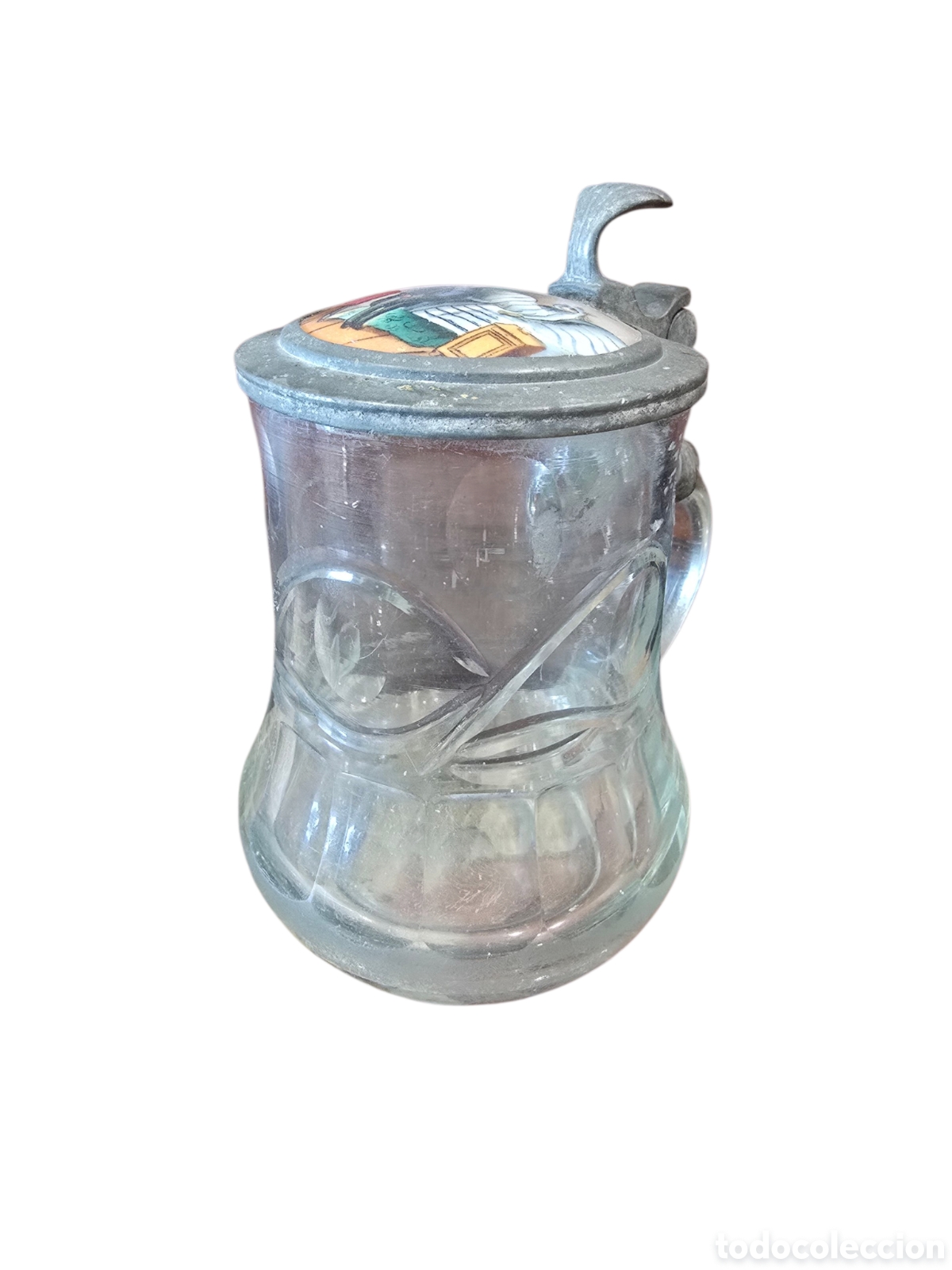 Antig&uuml;edades: Jarra de cerveza alemana de cristal con tapa de esta&ntilde;o y pintura sobre esmalte (Emaillemalerei)