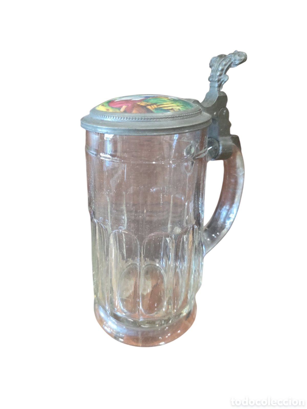 Antig&uuml;edades: Jarra de cerveza alemana de cristal con tapa de esta&ntilde;o y pintura sobre esmalte (Emaillemalerei)