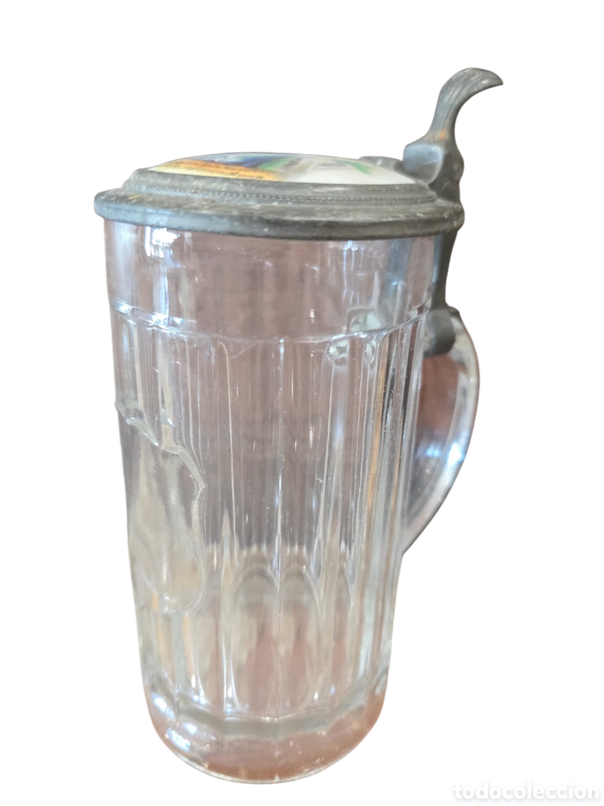 Antig&uuml;edades: Jarra de cerveza alemana de cristal con tapa de esta&ntilde;o y pintura sobre esmalte (Emaillemalerei)