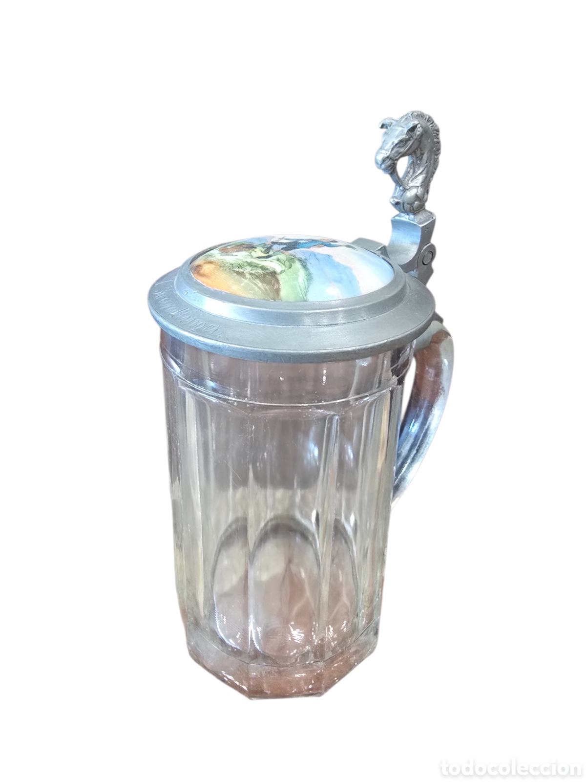 Antig&uuml;edades: Jarra de cerveza alemana de cristal con tapa de esta&ntilde;o y pintura sobre esmalte (Emaillemalerei)