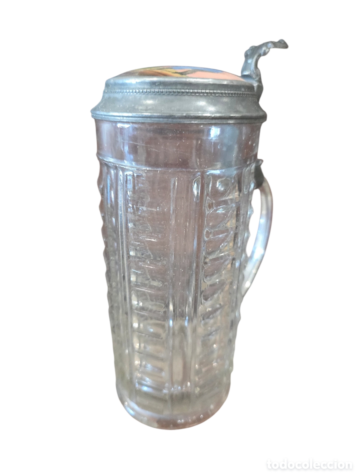 Antig&uuml;edades: Jarra de cerveza alemana de cristal con tapa de esta&ntilde;o y pintura sobre esmalte (Emaillemalerei)
