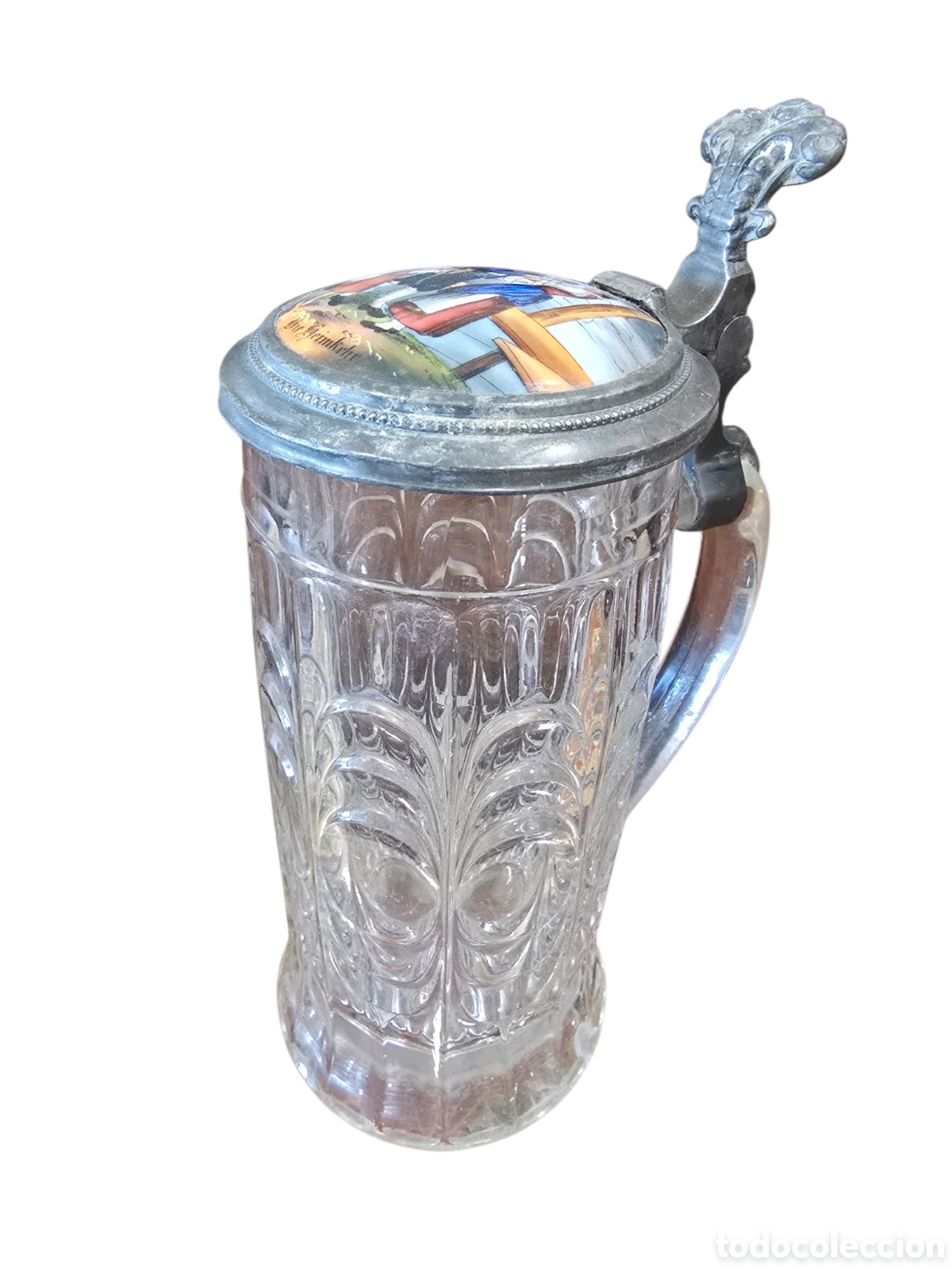 Antig&uuml;edades: Jarra de cerveza alemana de cristal con tapa de esta&ntilde;o y pintura sobre esmalte (Emaillemalerei)