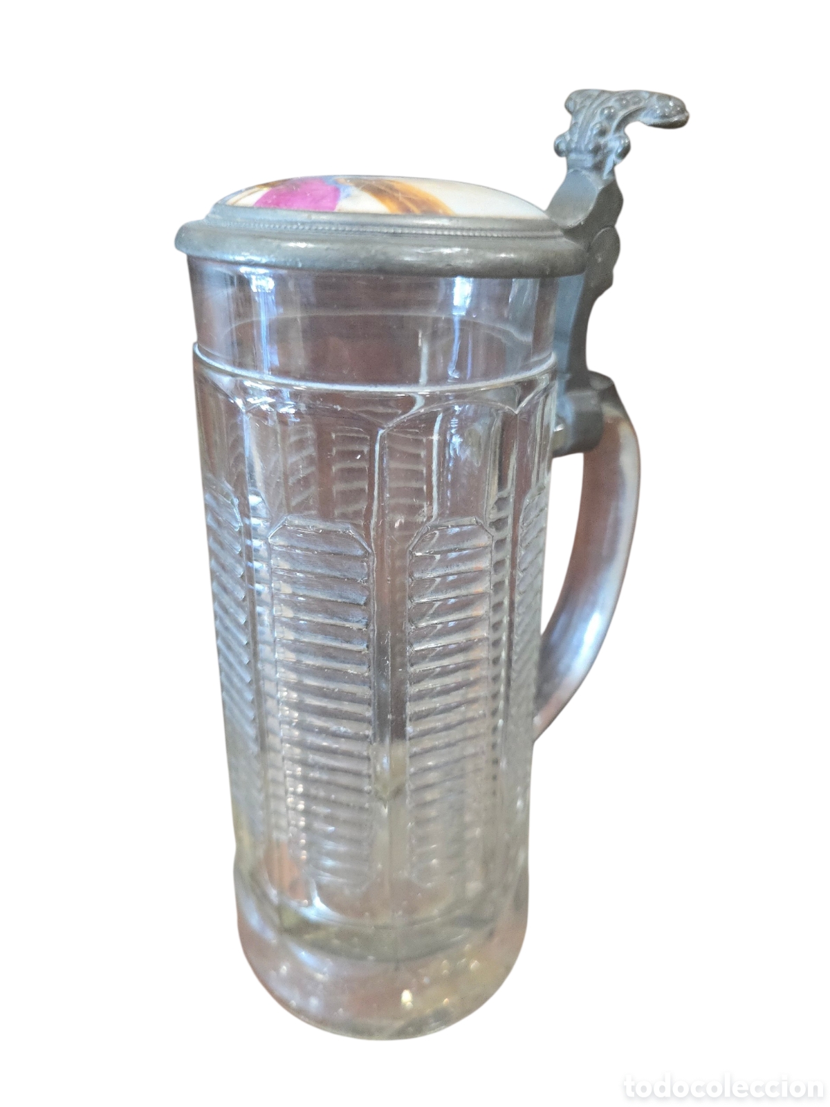 Antig&uuml;edades: Jarra de cerveza alemana de cristal con tapa de esta&ntilde;o y pintura sobre esmalte (Emaillemalerei)