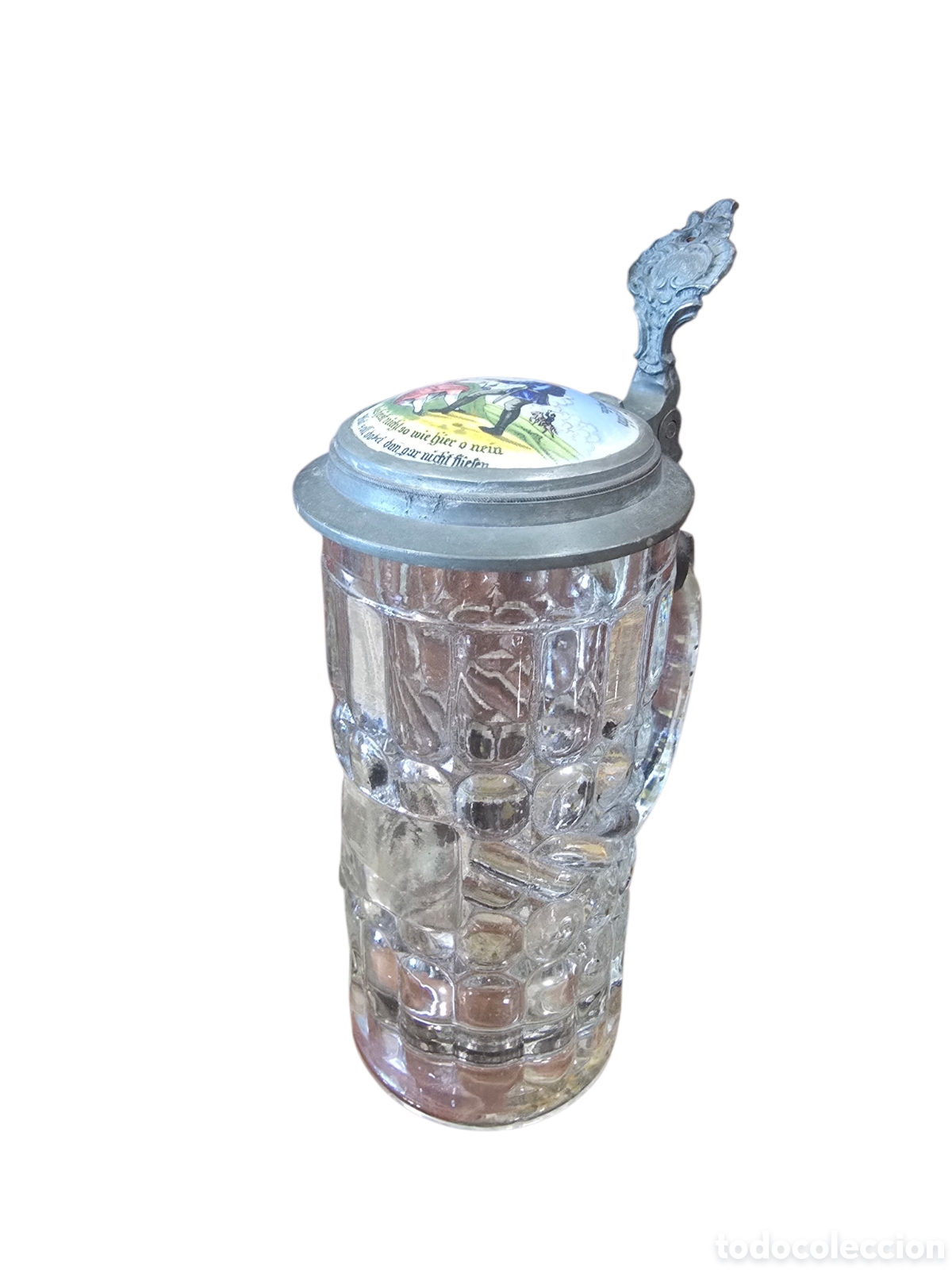 Antig&uuml;edades: Jarra de cerveza alemana de cristal con tapa de esta&ntilde;o y pintura sobre esmalte (Emaillemalerei)