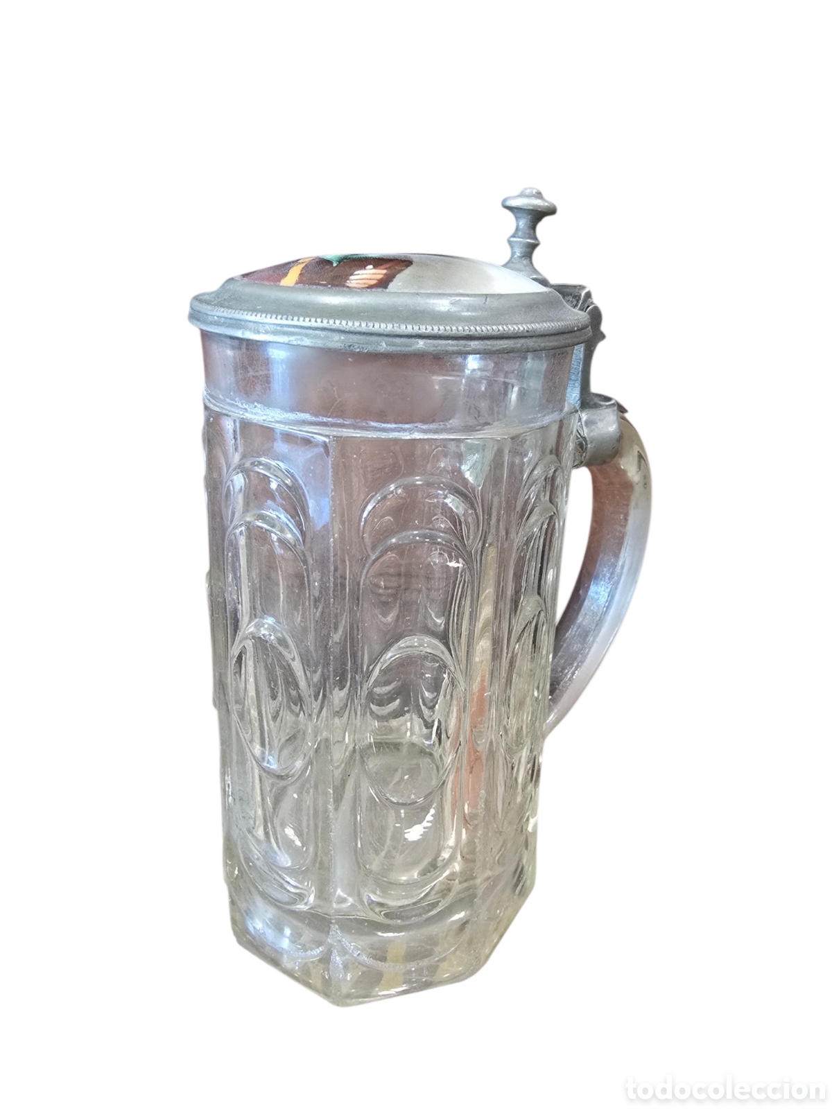 Antig&uuml;edades: Jarra de cerveza alemana de cristal con tapa de esta&ntilde;o y pintura sobre esmalte (Emaillemalerei)