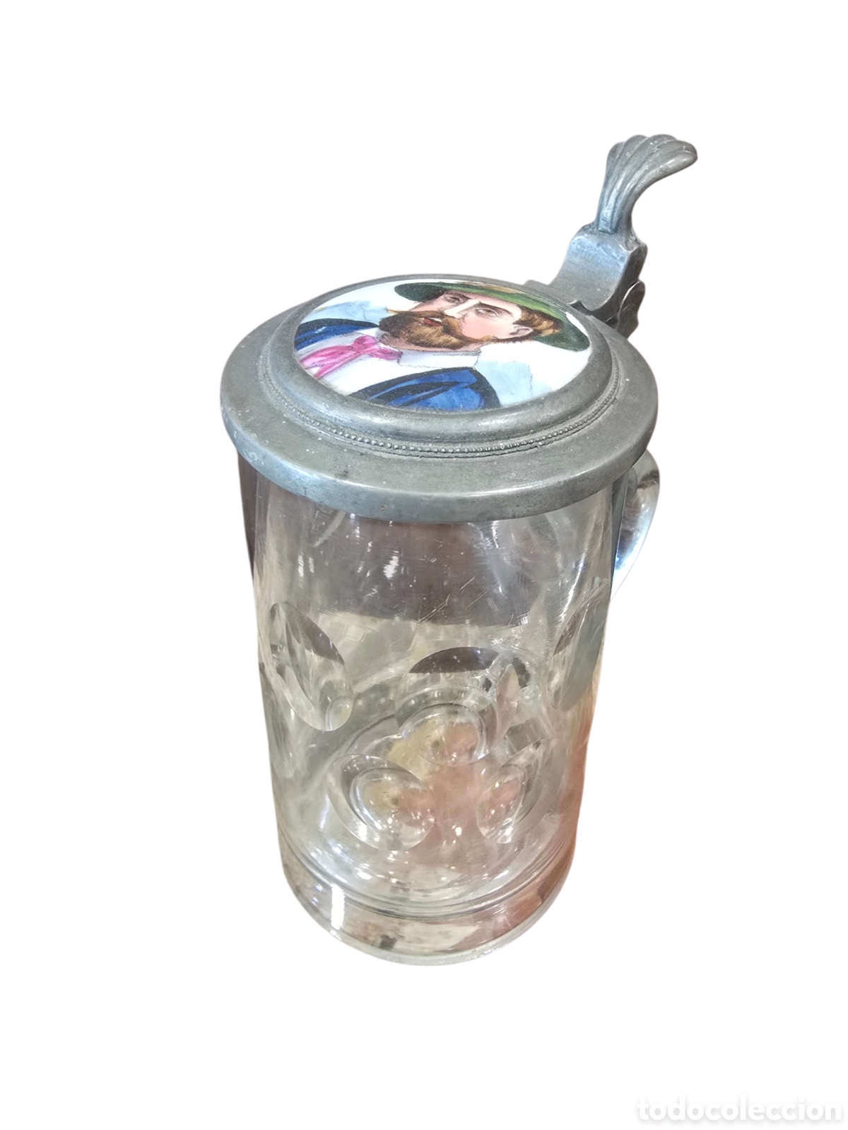 Antig&uuml;edades: Jarra de cerveza alemana de cristal con tapa de esta&ntilde;o y pintura sobre esmalte (Emaillemalerei)