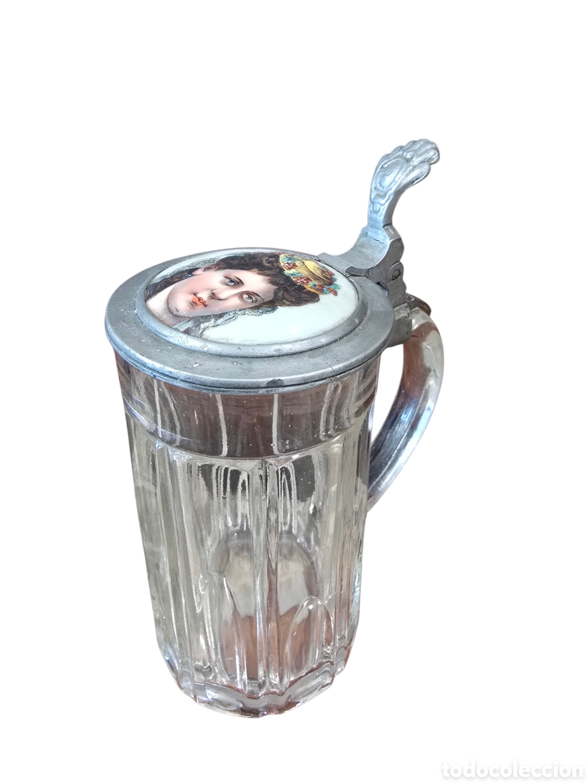 Antig&uuml;edades: Jarra de cerveza alemana de cristal con tapa de esta&ntilde;o y pintura sobre esmalte (Emaillemalerei)