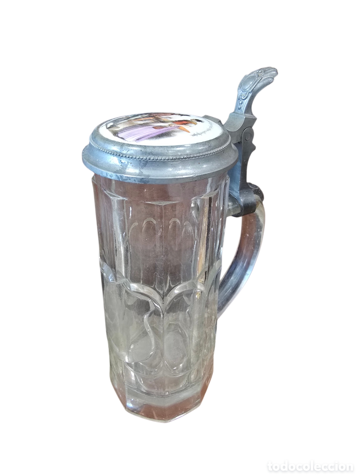 Antig&uuml;edades: Jarra de cerveza alemana de cristal con tapa de esta&ntilde;o y pintura sobre esmalte (Emaillemalerei)