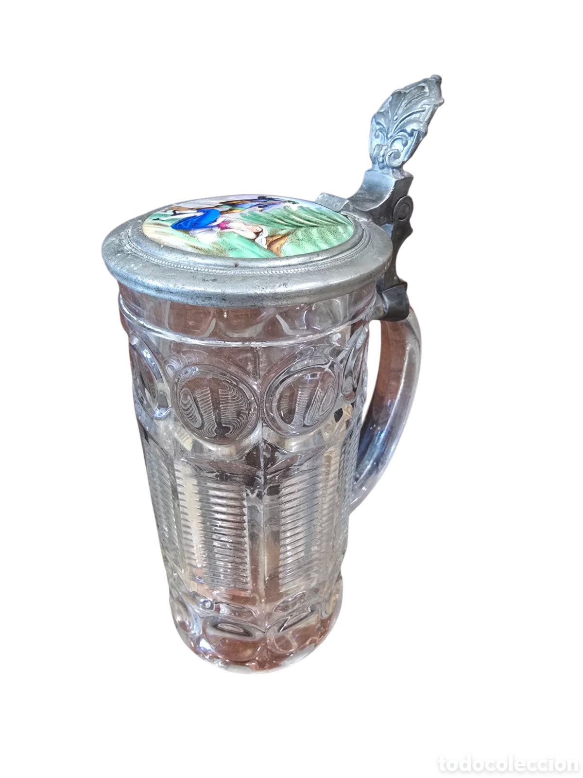Antig&uuml;edades: Jarra de cerveza alemana de cristal con tapa de esta&ntilde;o y pintura sobre esmalte (Emaillemalerei)