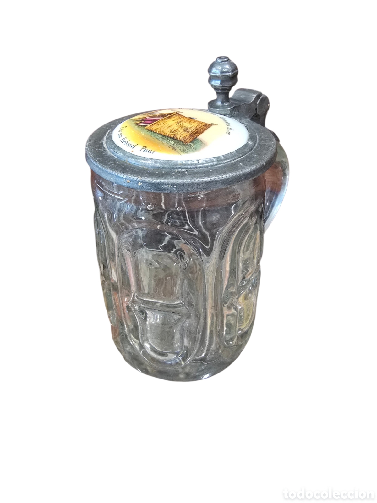 Antig&uuml;edades: Jarra de cerveza alemana de cristal con tapa de esta&ntilde;o y pintura sobre esmalte (Emaillemalerei)