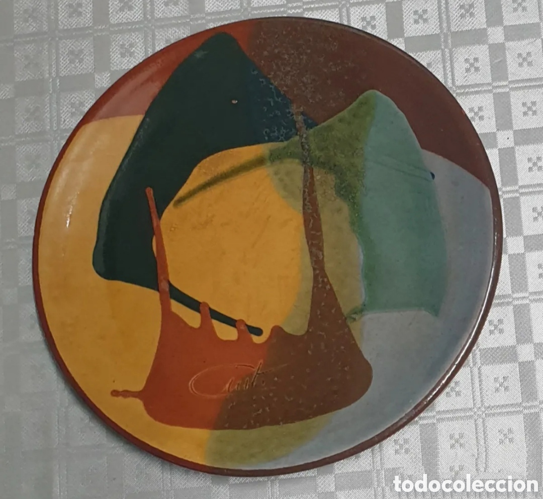 Antig&uuml;edades: Plato plano Cer&aacute;mica Popular Vidriada Catalana de autor firmado