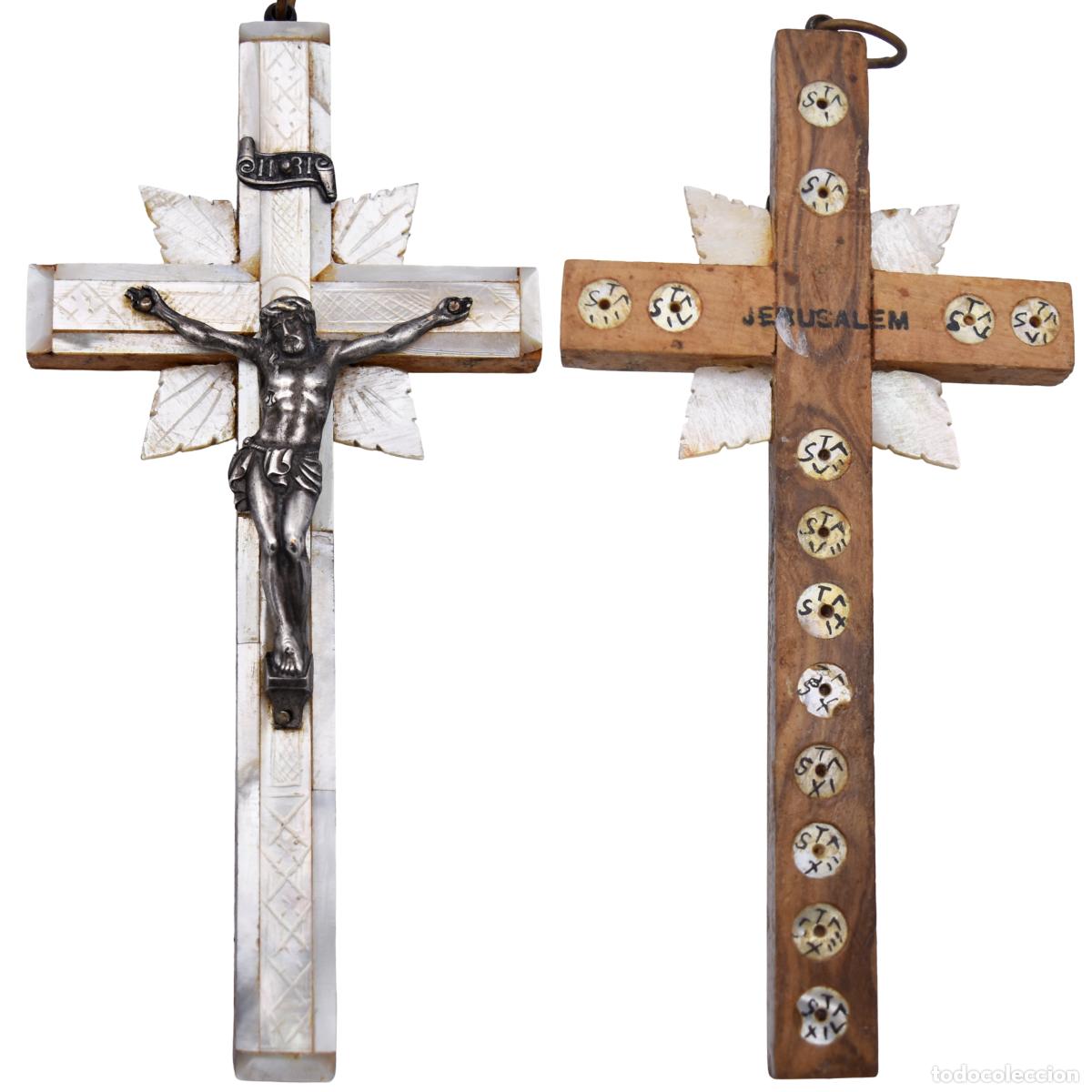 Oggetti Antichi: Crucifijo antiguo en n&aacute;car y madera - Jerusal&eacute;n