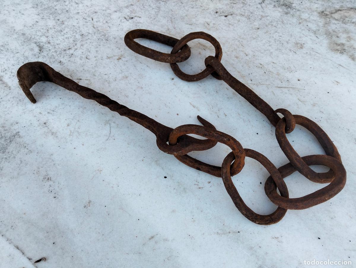 Antiguidades: Antiguo llares cadenas murillos de hierro forjado hechos a mano siglo XIX para chimenea