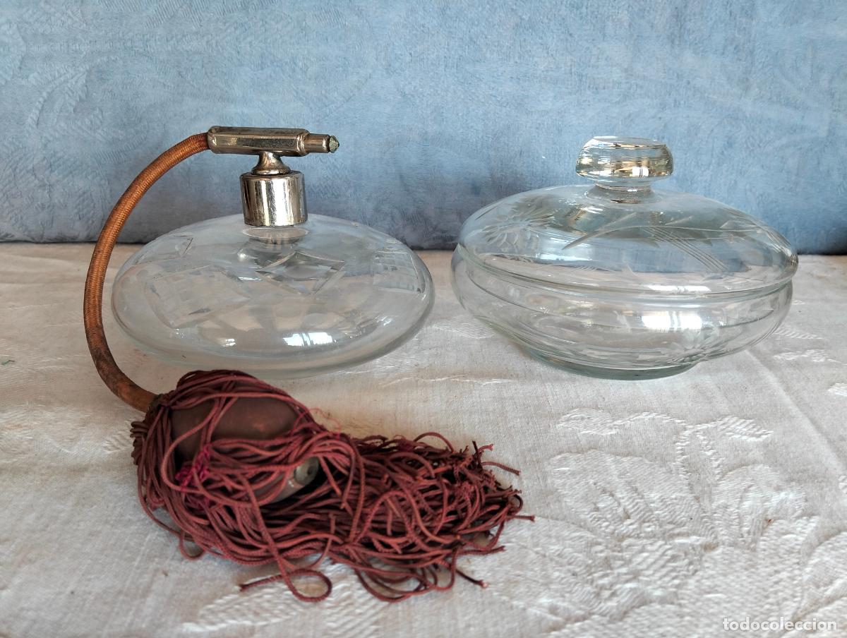 Oggetti Antichi: Botes antiguos tarros juego de tocador perfumero y joyero con tapa cristal tallado perfume a&ntilde;os 50