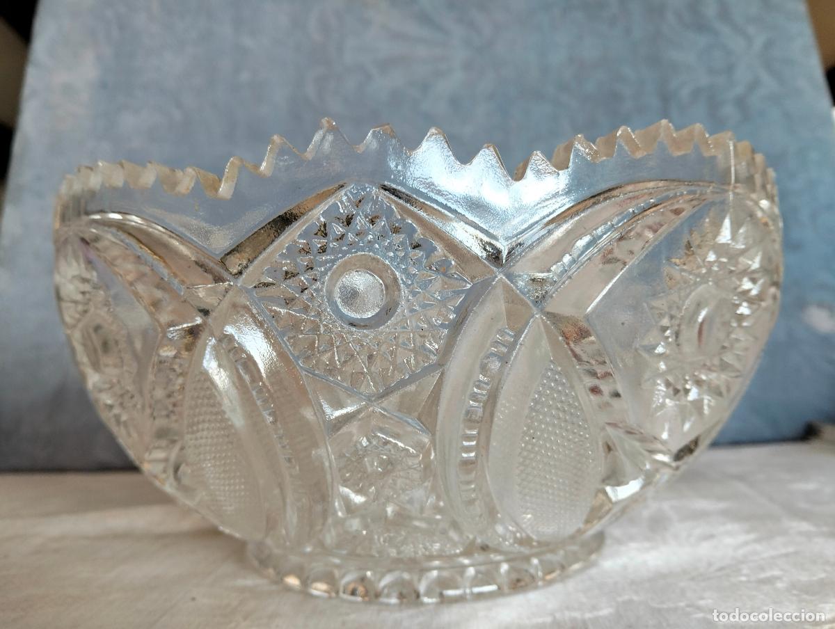 Oggetti Antichi: Cesta frutera cuenco antigua de cristal prensado transparente 21cm di&aacute;metro estrellas a&ntilde;os 40-50