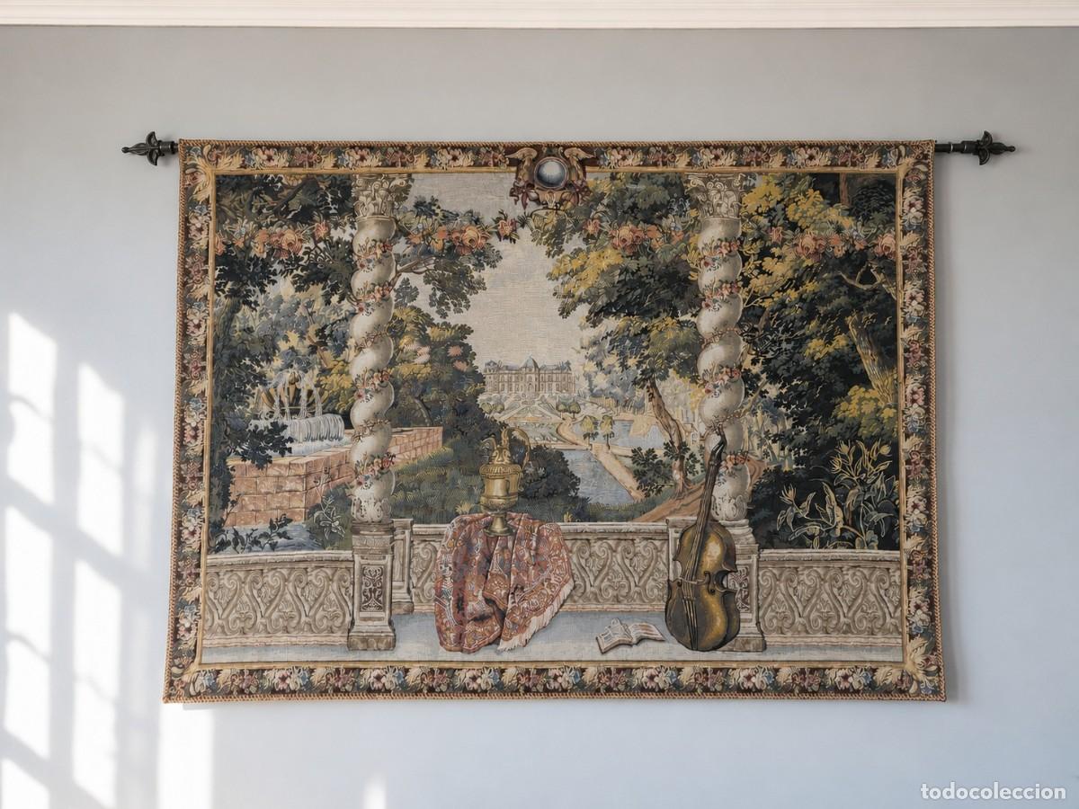 Antig&uuml;edades: Tapiz Belga Flanders Tapestries Jacquard Paisaje Palaciego con Barra Original