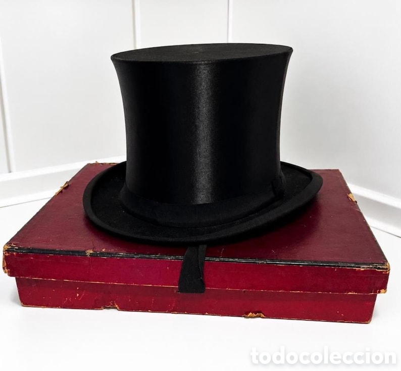 Antig&uuml;edades: Chistera plegable antigua de seda negra / Sombrero de copa &oacute;pera Talla L 57
