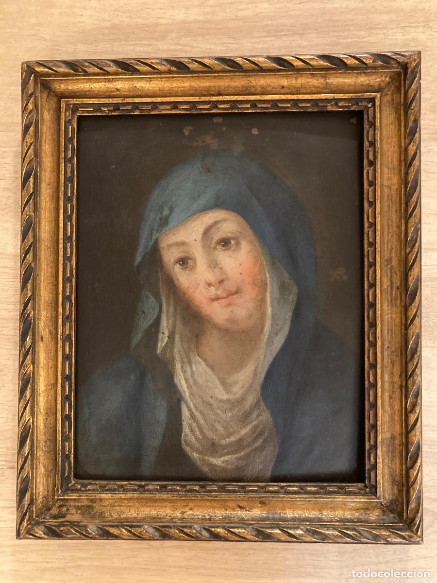 Antig&uuml;edades: Antigua pintura de la Virgen al &oacute;leo sobre placa de cobre con marco de &eacute;poca.