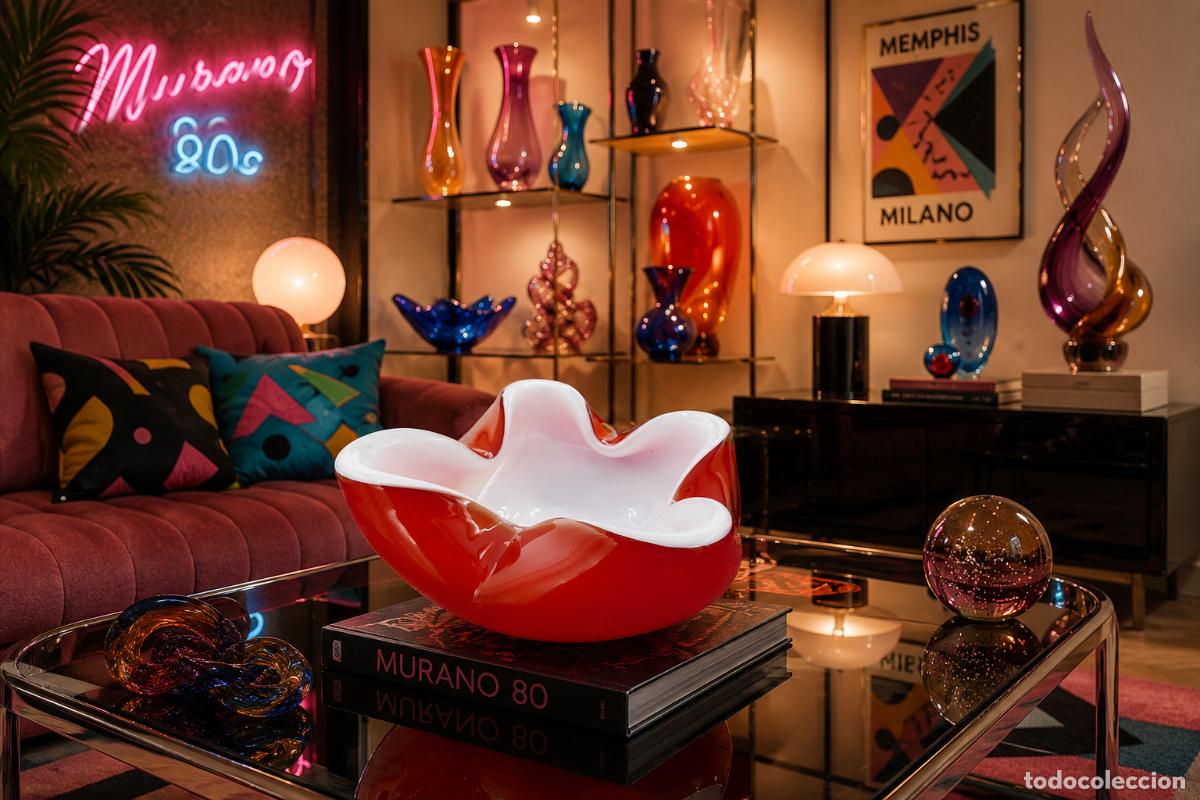 Antiquit&eacute;s: C1960 &middot; EXQUISITO E IMPECABLE CENTRO VINTAGE VENECIANO EN GRUESO CRISTAL MURANO ROJO & BLANCO