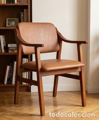 Antiquit&eacute;s: Sill&oacute;n Confidente Vintage A&ntilde;os 60 / 70 - Madera y Skai Marr&oacute;n - Estilo Mid-Century