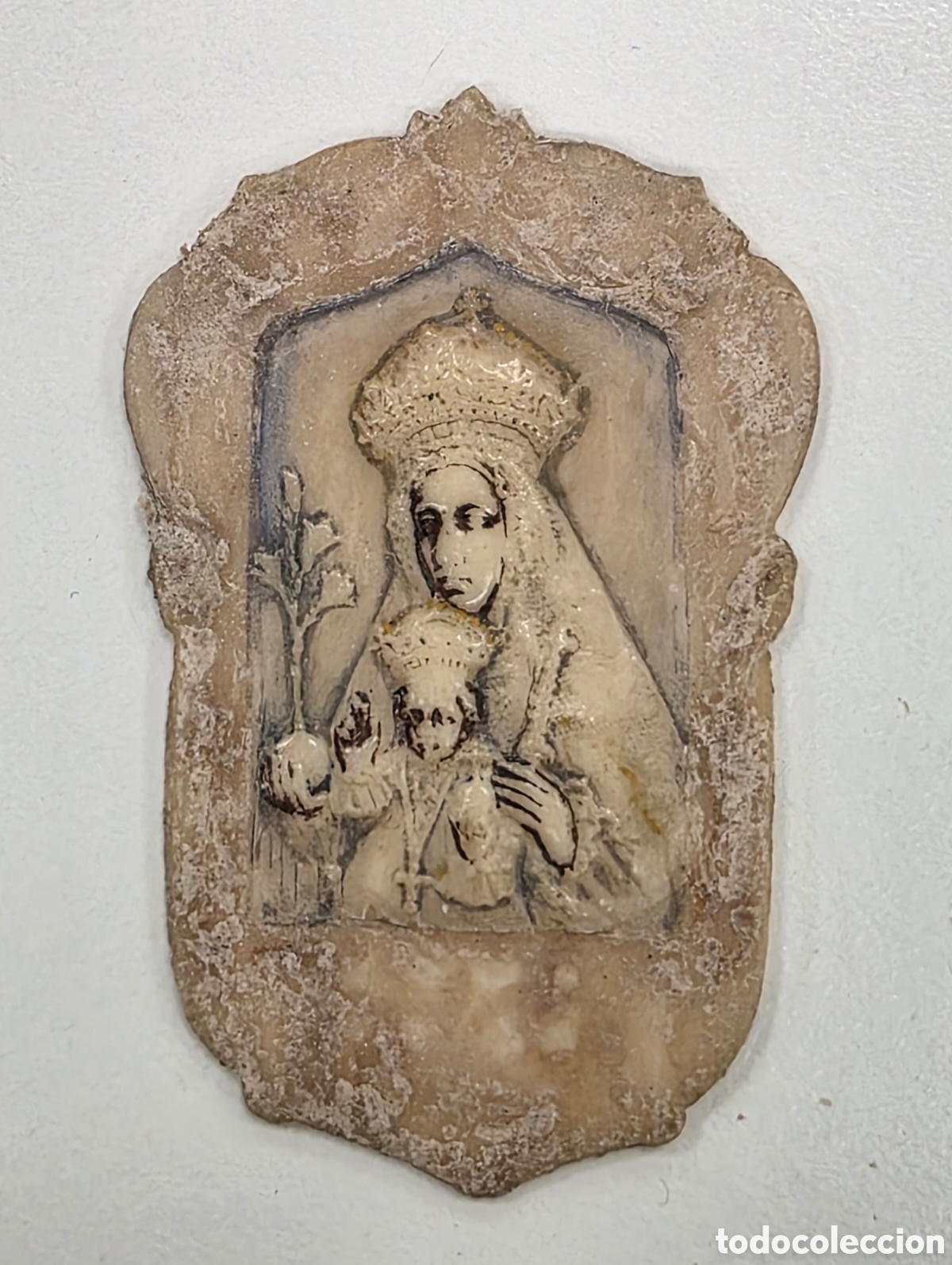 Antiguidades: Antigua Imagen Virgen con Ni&ntilde;o - Talla Marfil &oacute; Hueso en Relieve - Religi&oacute;n