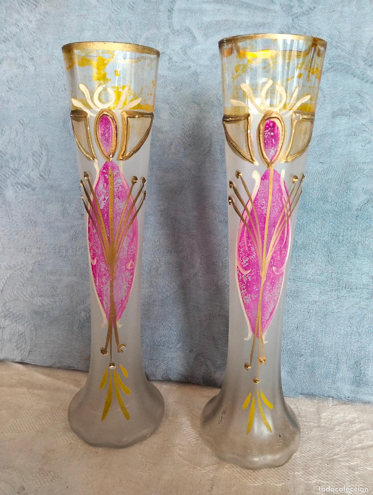 Antiguidades: Lote 2 jarrones floreros antiguos de cristal pintado rosa dorado estilo Modernista a&ntilde;os 20-30