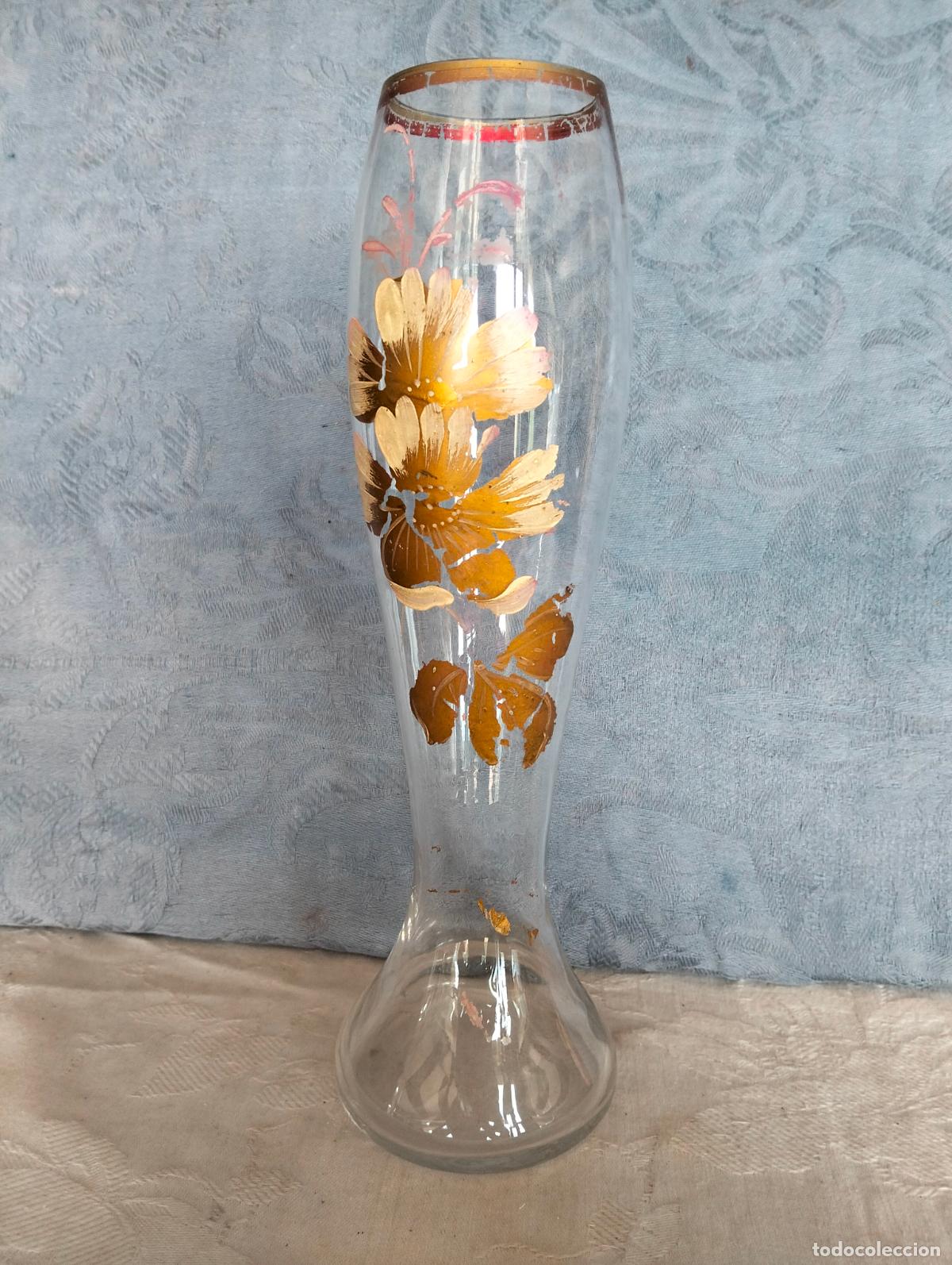 Antiguidades: Jarron florero antiguo de cristal soplado y pintado a mano flores doradas decorativo Modernista