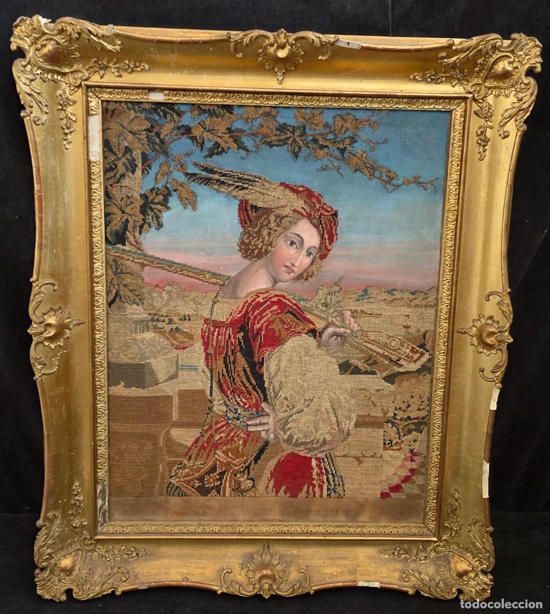 Antig&uuml;edades: Antiguo Tapiz Gobelino Bordado Enmarcado con Marco Dorado Rococ&oacute; &ndash; Dama Renacentista &ndash; 67 &times; 55 cm