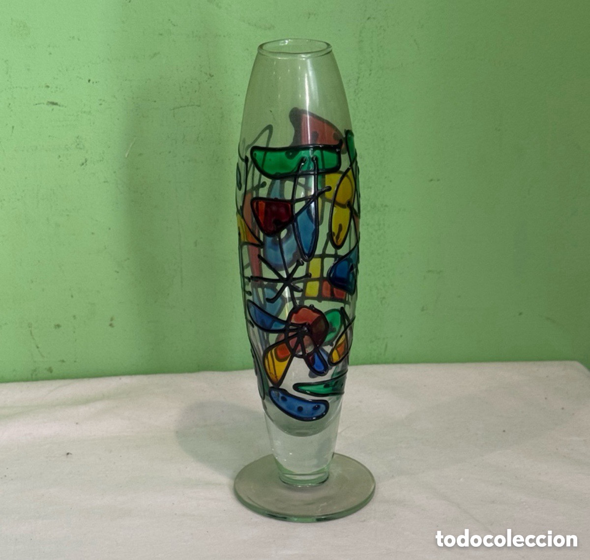 Antig&uuml;edades: Jarr&oacute;n art&iacute;stico vintage cristal esmaltado a mano estilo abstracto a&ntilde;os 60 70