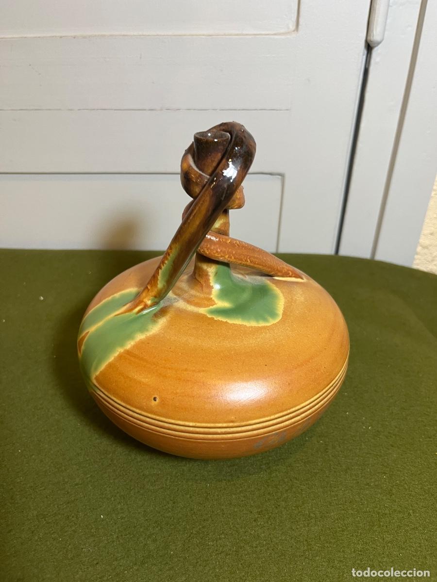 Antig&uuml;edades: Botijo de nudo cer&aacute;mica artesanal Recuerdo de Fuente &Aacute;lamo Murcia vidriado a mano vintage