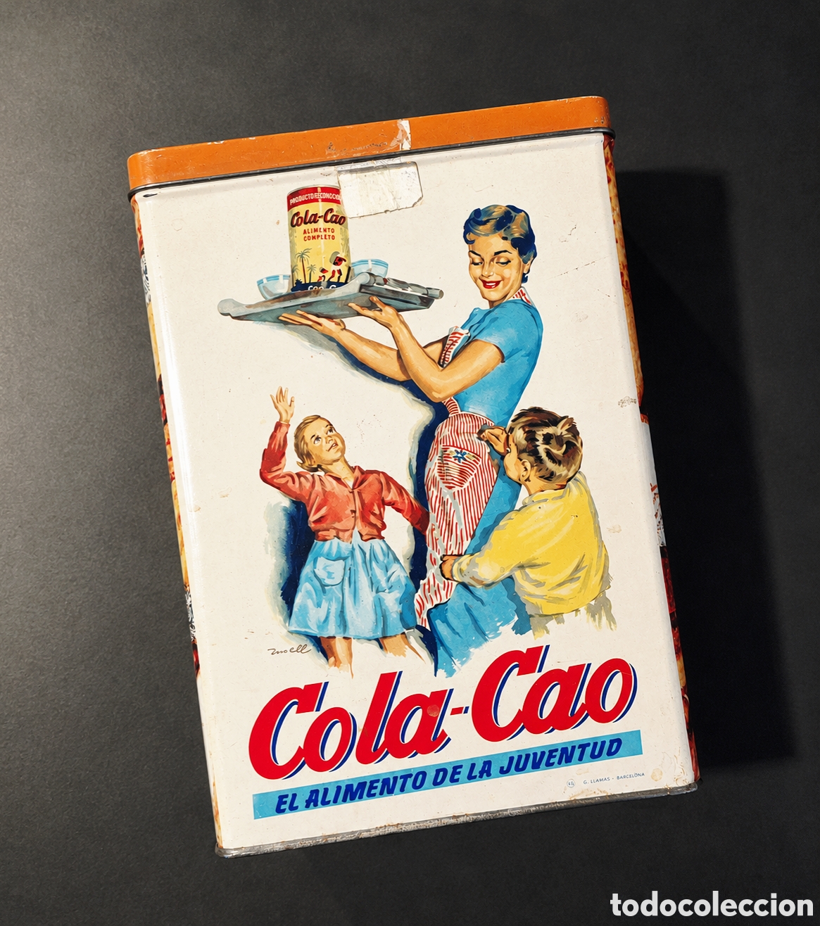 Antig&uuml;edades: Caja met&aacute;lica vintage Cola-Cao completa con tapa Nutrexpa