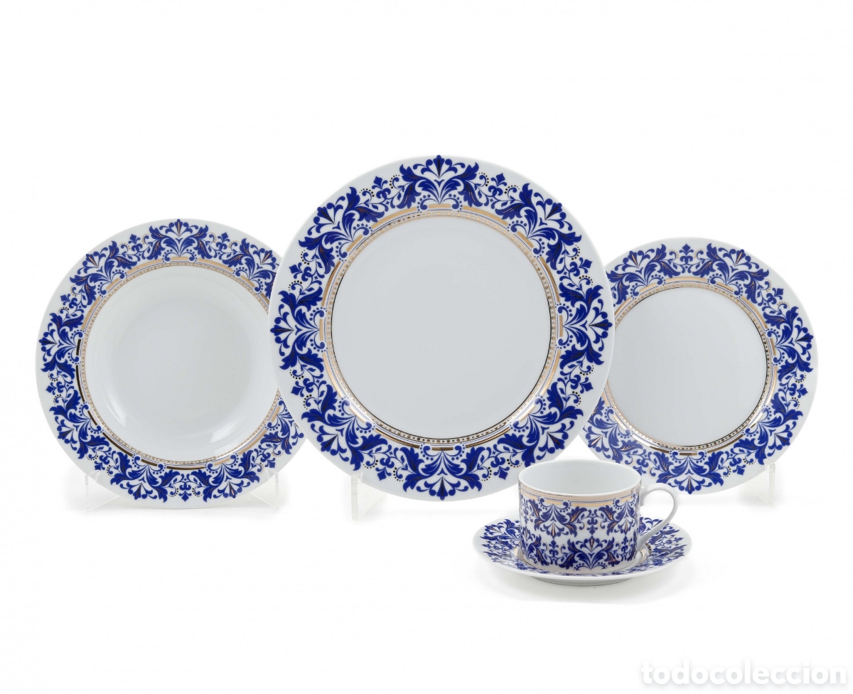 Antig&uuml;edades: Servi&ccedil;o de Jantar Luxo 30 Pe&ccedil;as &ndash; Porcelana Azul e Ouro - Novo