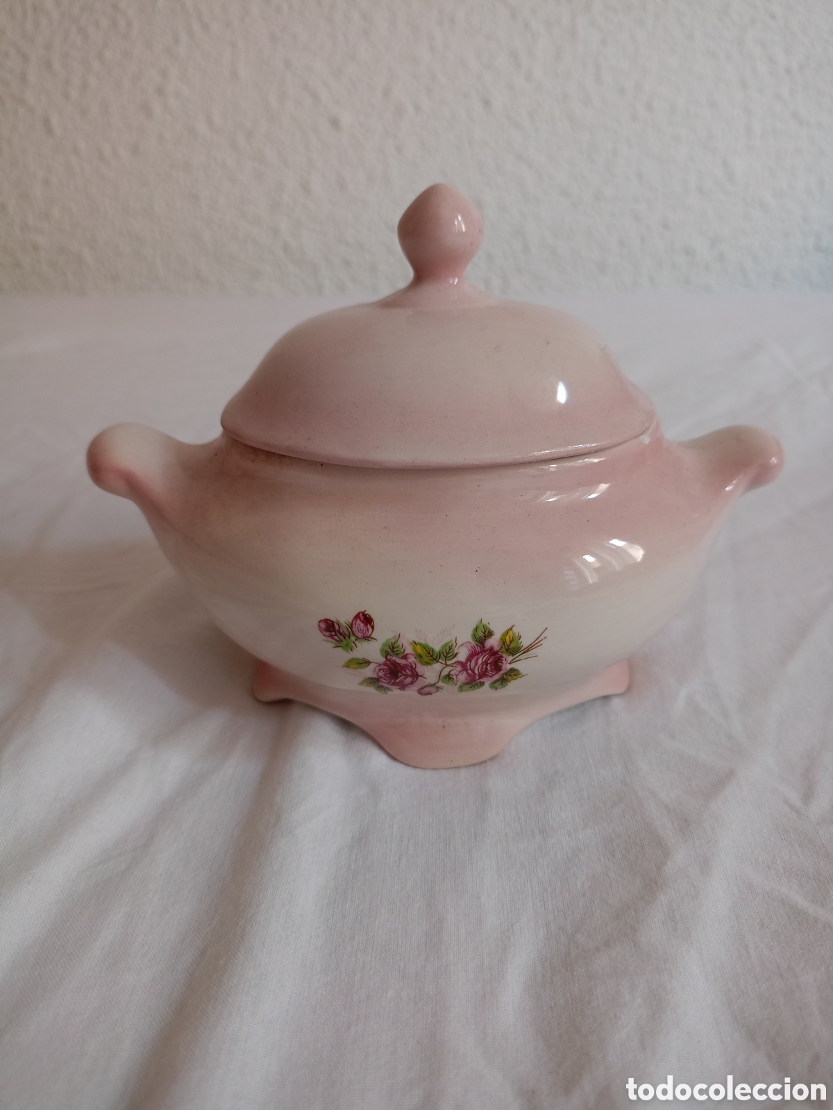 Antiques: Azucarera vintage porcelana rosa con motivos florales 14x10cm
