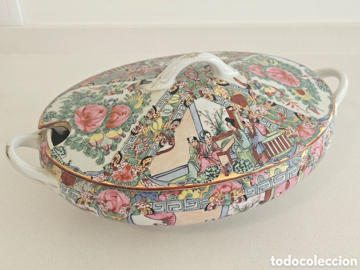 Antig&uuml;edades: Terrina Antiga em Porcelana Chinesa de Cant&atilde;o Rose Medallion &ndash; 33cm
