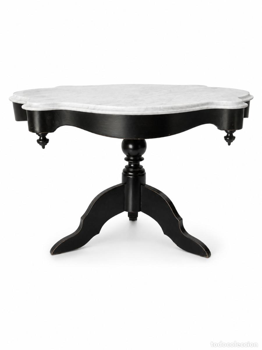 Antig&uuml;edades: Mesa de Centro, Velador Isabelino - Madera de Caoba Ebonizada - Sobre de M&aacute;rmol - S.XIX
