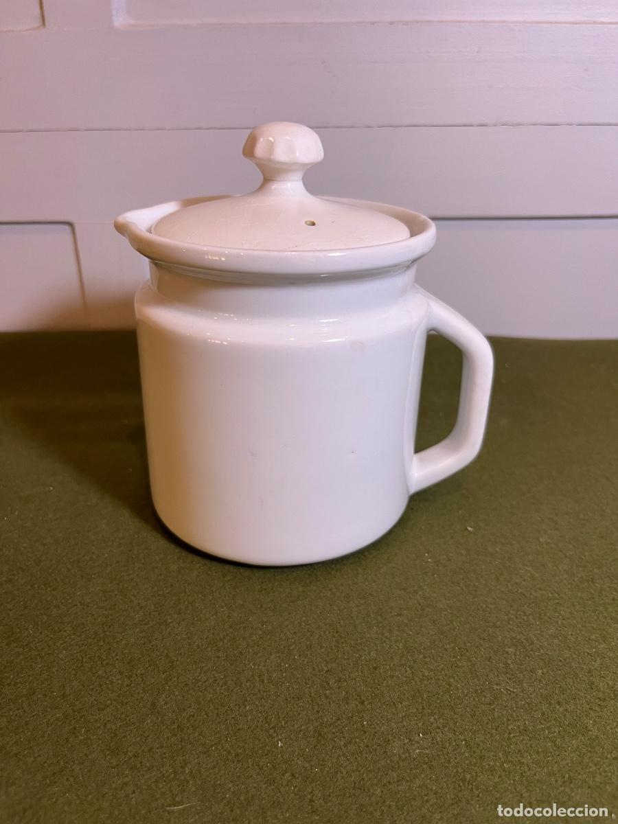 Antig&uuml;edades: Jarra de cocina de loza blanca con tapa &ndash; Bote cer&aacute;mico vintage de menaje