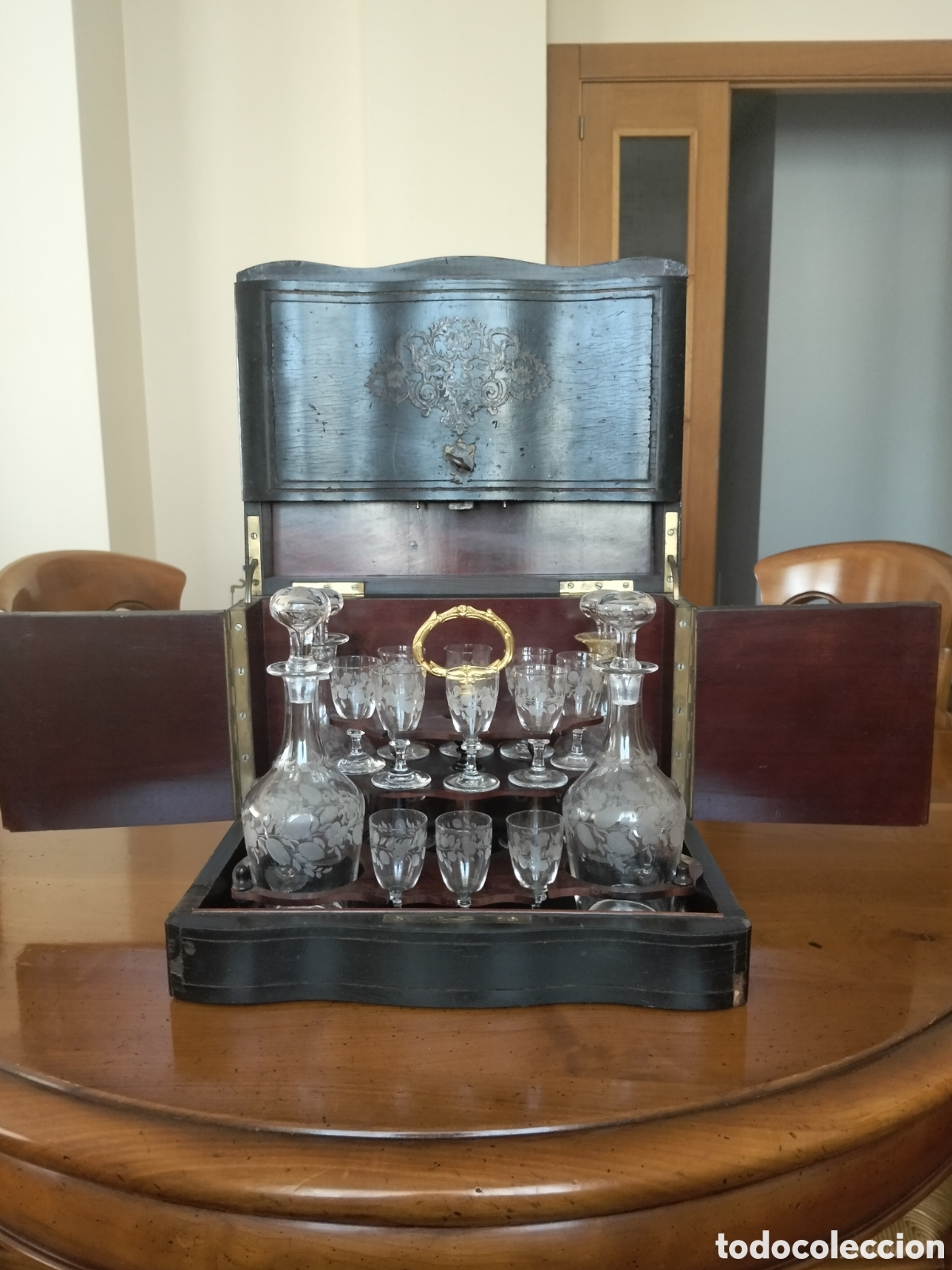 Antig&uuml;edades: Licorera Napole&oacute;n III S.XIX | Cristaler&iacute;a Grabada 100% Completa (20 Pzs) y Llave
