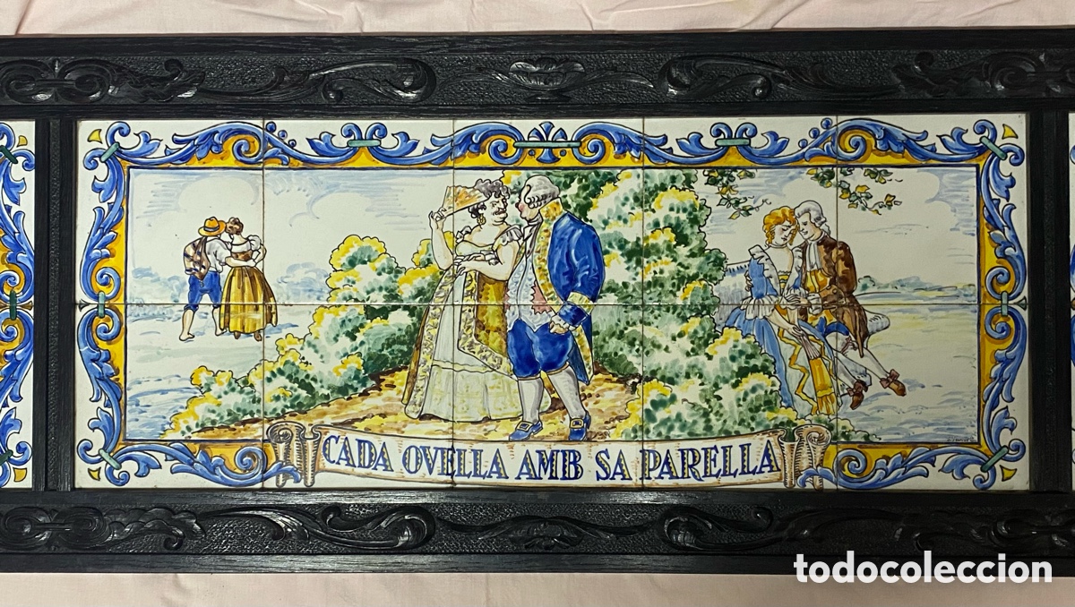 Antiques: Mural de 14 Azulejos Cer&aacute;mica enmarcado madera tallada Ceramista Catal&aacute;n Salvador Sunet Urgell&egrave;s