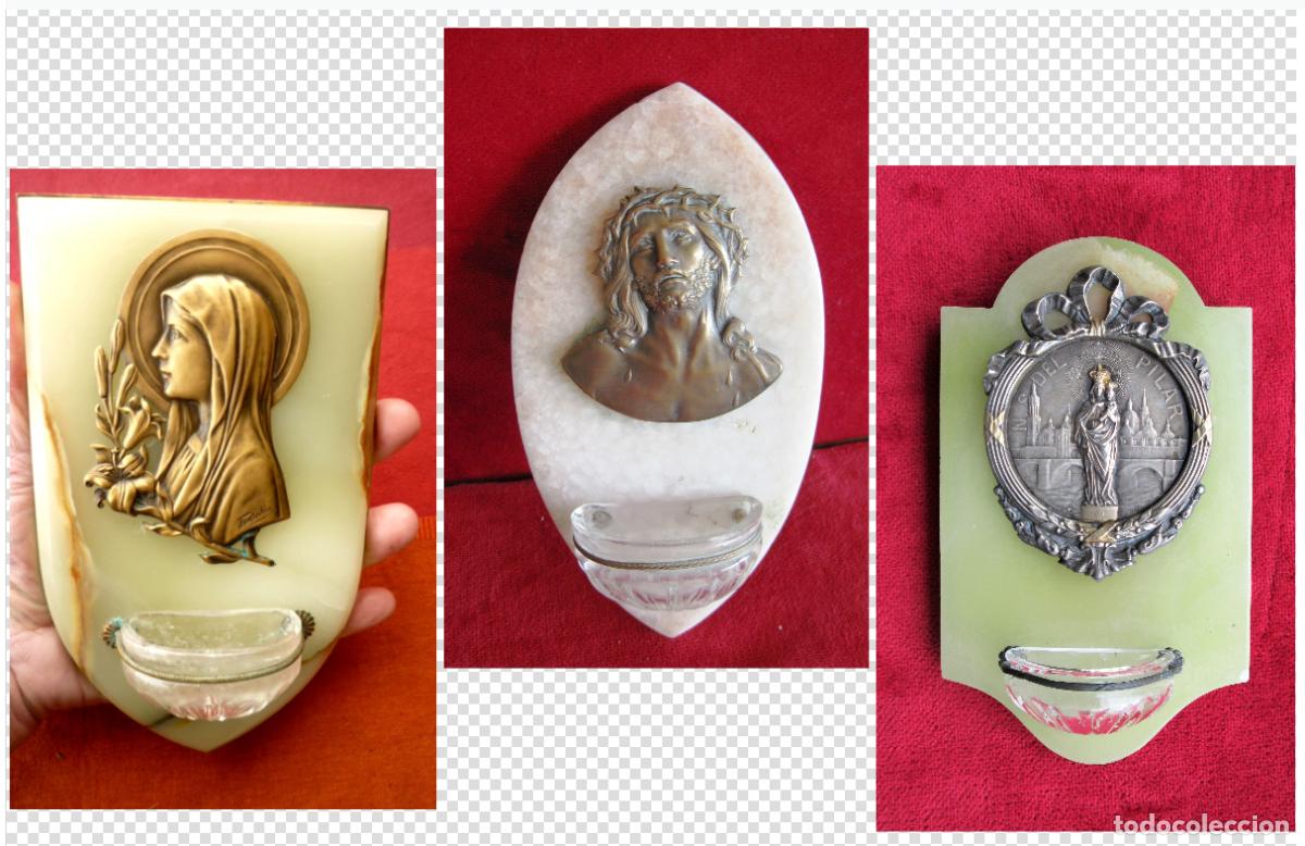 Antig&uuml;edades: LOTE DE 3 BENDITERAS EN JADE Y M&Aacute;RMOL CON TRASERA DE BRONCE EN PERFECTO ESTADO