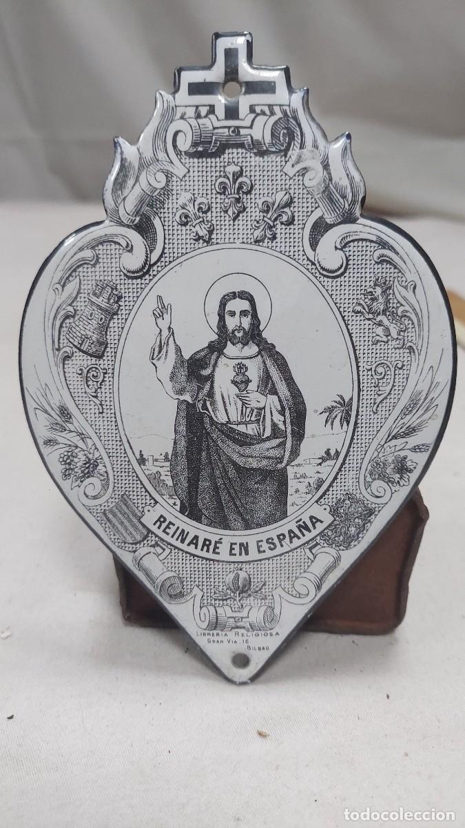 Antig&uuml;edades: Placa puerta esmaltada Sagrado Corazon a&ntilde;o 1920 Bilbao