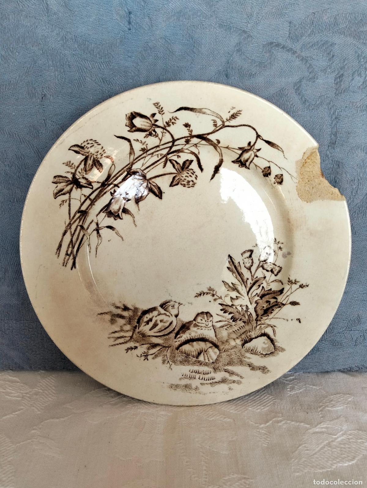 Antig&uuml;edades: Antiguo plato de cer&aacute;mica roto Andeman Macdougall premier decorativo blanco negro flores p&aacute;jaros