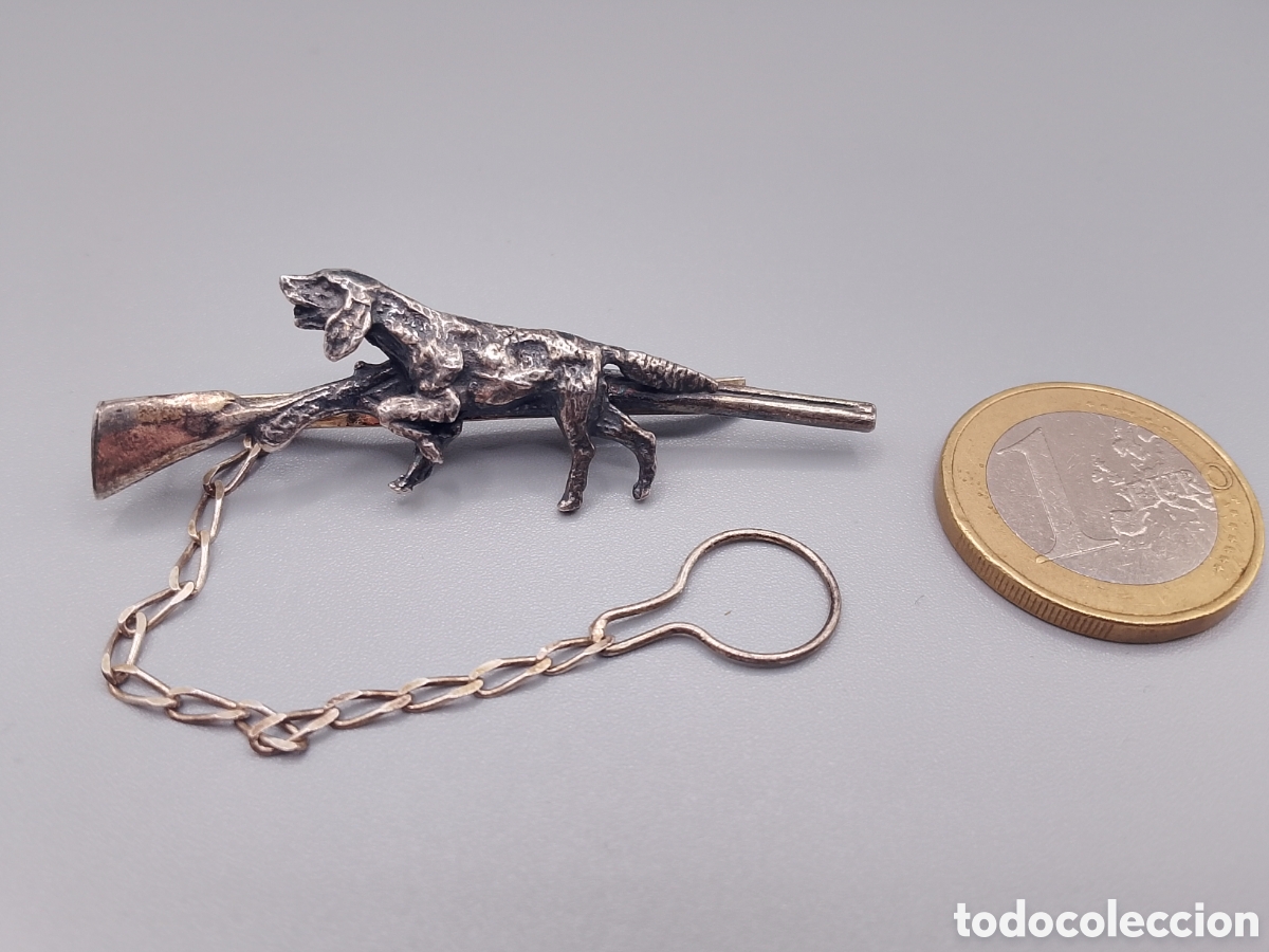 Antiquit&eacute;s: LOTE DOS PISACORBATAS DE PLATA TEMATICA CAZADOR Y OTRO LISO CON PIEDRAS VER IMAGENES