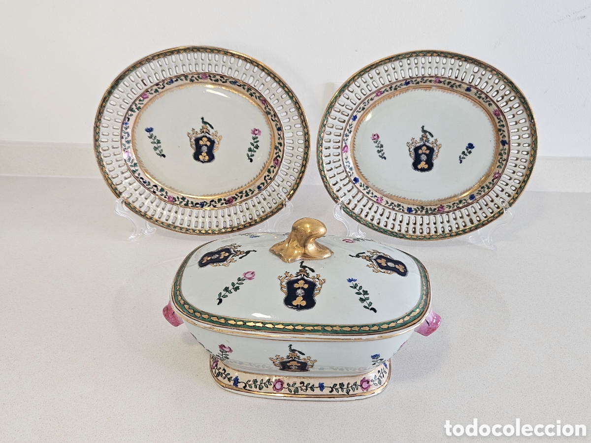 Antig&uuml;edades: Raro Conjunto Cant&atilde;o Rose Medallion S&eacute;c. XIX &ndash; Terrina e 2 Travessas